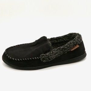 Dearfoams Mens Slip On Loafer Slipper Black Faux Fur Lined Round Toe Flat M 9-10